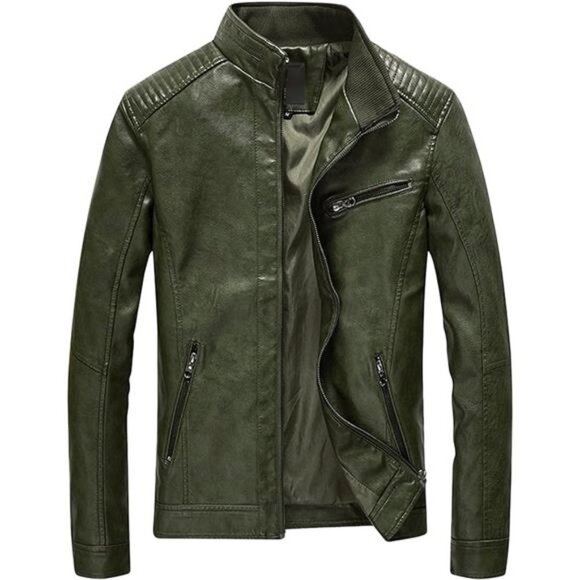 Army Green Faux Leather‎ Military Jacket Slim Fit Moto Biker Bomber Jacket Coat - Picture 9 of 9